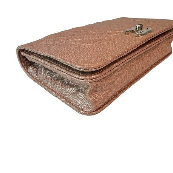 Chanel Metallic Pink Caviar Chevron Quilted Mademoiselle Wallet On Chain - Picture 7 of 15